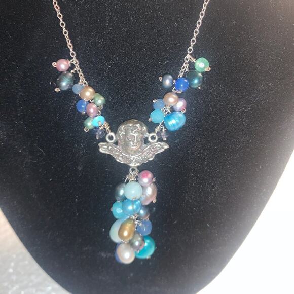 VINTAGE UNWORN STERLING SILVER CHERUB ANGEL  MULTI PEARL NECKLACE - Picture 4 of 10